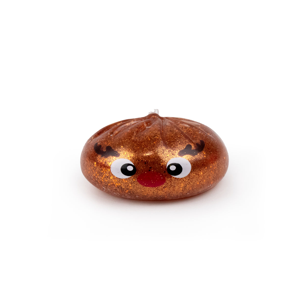 A round, bronze-colored glittery Bubblegum’s Favorite Toy - Holiday Mystery Maltose Dumpling featuring a cartoon reindeer face with large eyes and a red nose.