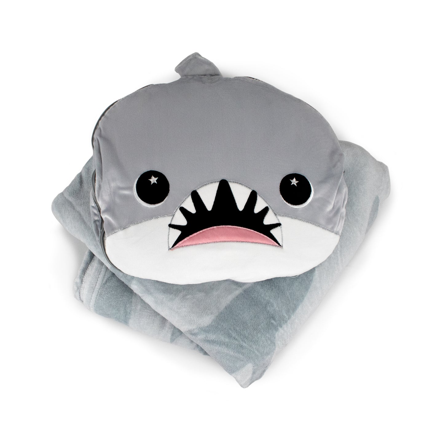A folded light gray 2-in-1 Pillow Blanket - Crush the Shark with a soft, plush shark-shaped pillow featuring big eyes, a pink mouth, and white teeth on top.
