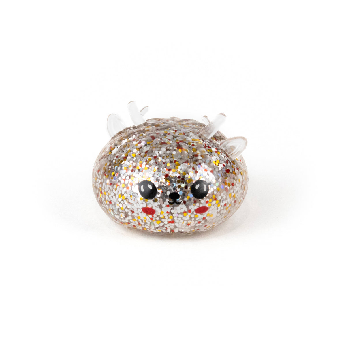 A round, clear, glitter-filled Bubblegum’s Favorite Toy - Jr Reindeer Mystery Maltose Dumpling with black eyes and red cheeks.
