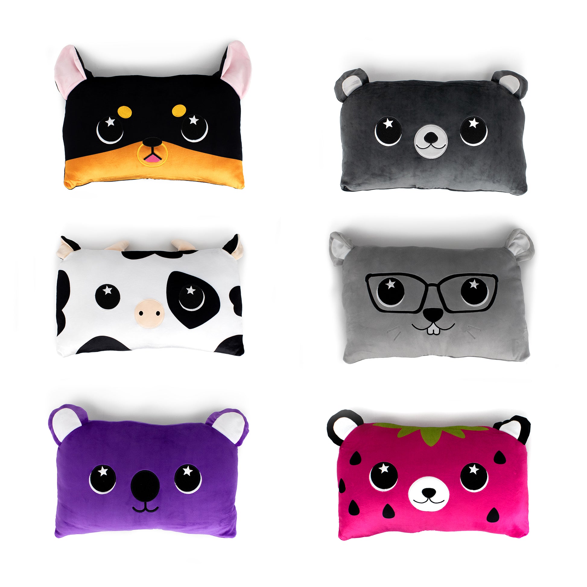 Six Brewser the Doberman Sleep Pillows are arranged in two columns; each plush pillow features a different cartoon animal or character face, including a dog, bear, cow, animal with glasses, purple bear, and strawberry bear.