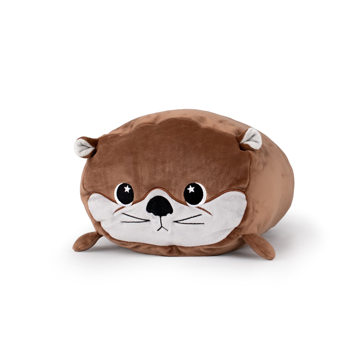 Slick the Otter is a round, plush pillow shaped like a cute brown otter with big black eyes, a white snout, and small ears and flippers, shown on a white background.