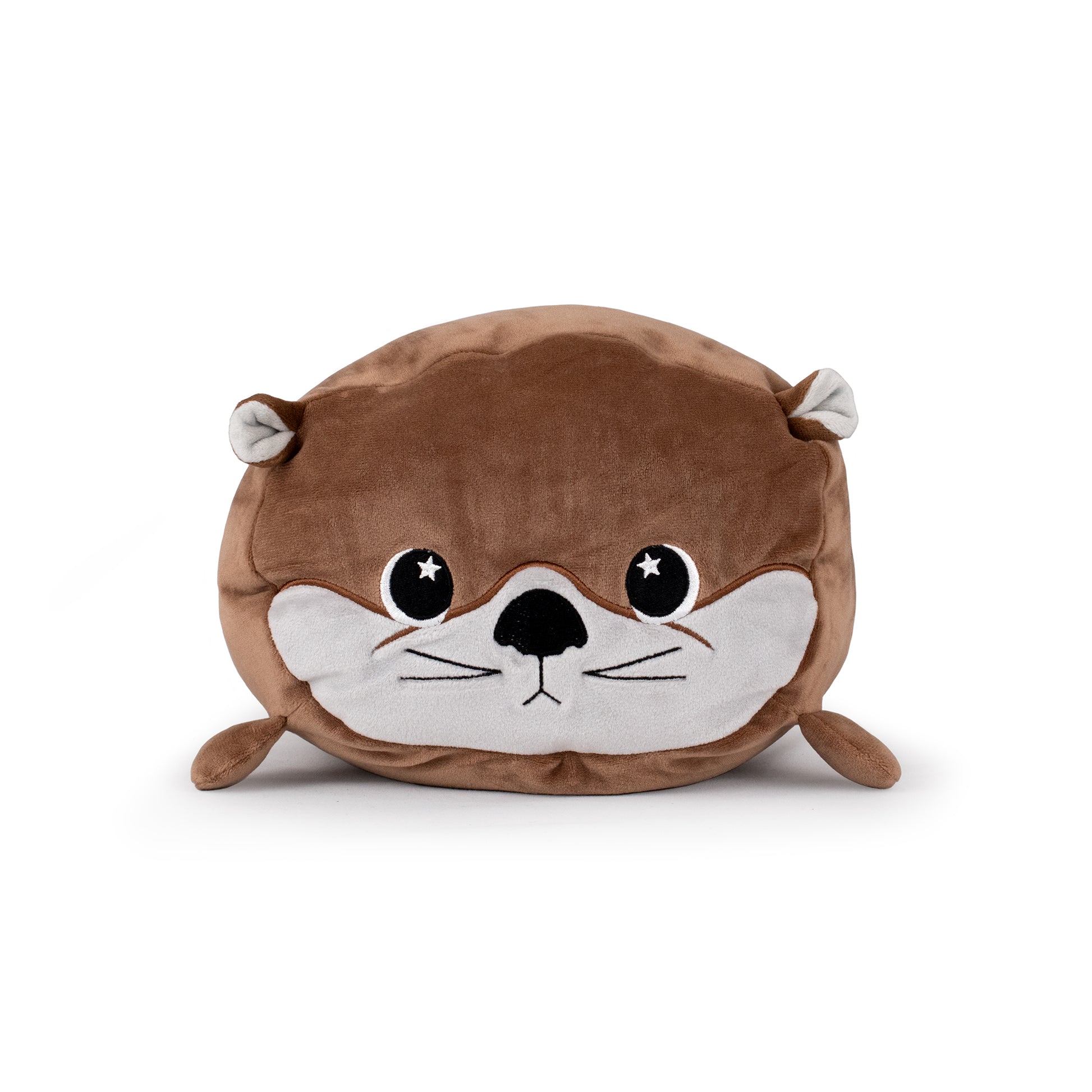 Slick the Otter is a round, plush toy with a brown body, white cheeks, black nose, embroidered whiskers, and starry eyes, shown lying on a plain white background.