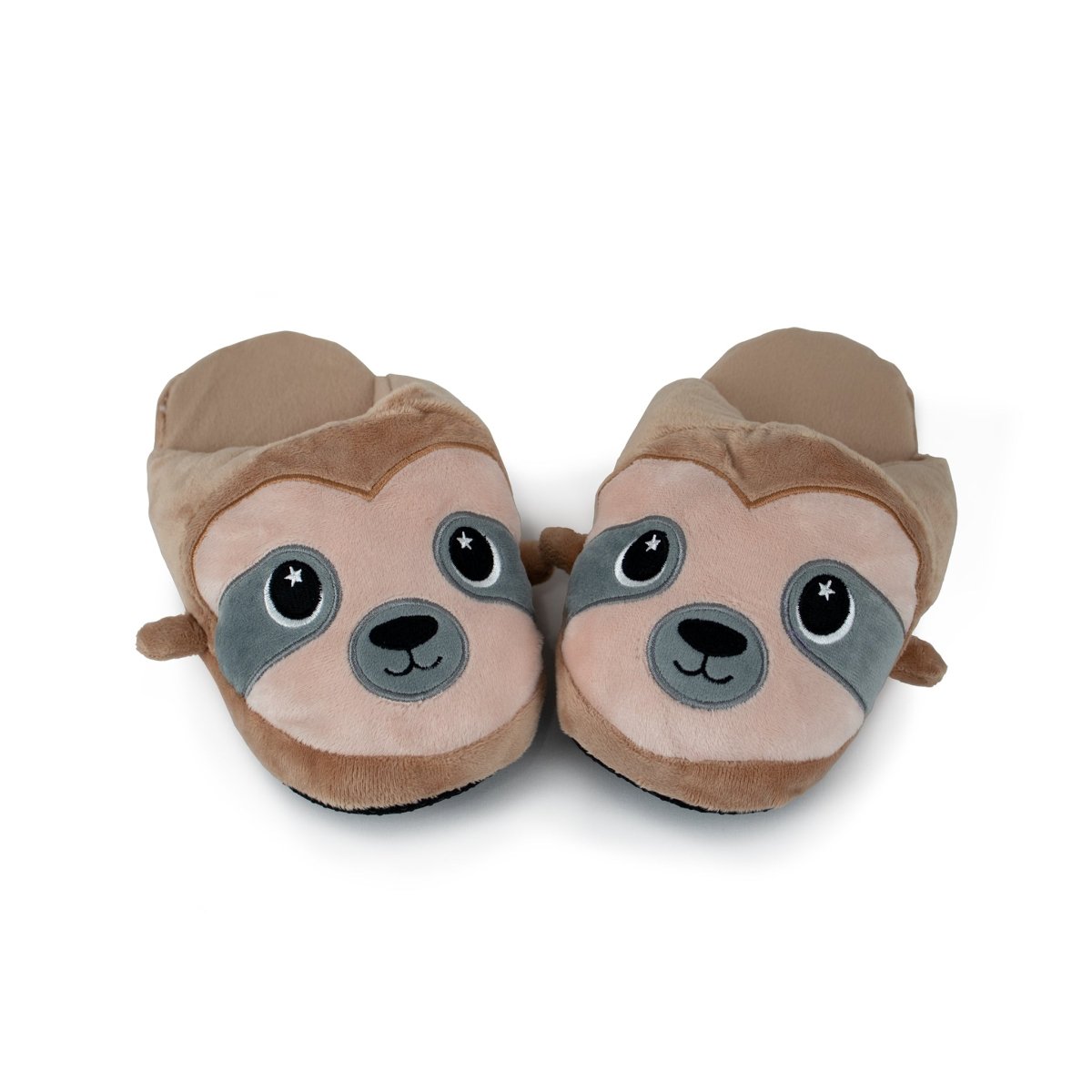 Speedy the Sloth Kids Slipper features adorable sloth faces with big embroidered eyes, brown and beige plush fur, cute side ears, and sturdy non-slip soles—perfect for safe indoor fun.