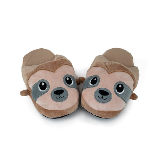 Speedy the Sloth Kids Slipper features adorable sloth faces with big embroidered eyes, brown and beige plush fur, cute side ears, and sturdy non-slip soles—perfect for safe indoor fun.