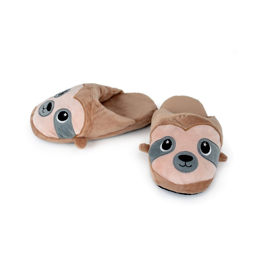 Speedy the Sloth Kids Slipper: A pair of brown plush slippers for kids, designed as cute sloth faces with big embroidered eyes, gray patches, and small ears. One slipper is upright; the other is laid on its side.