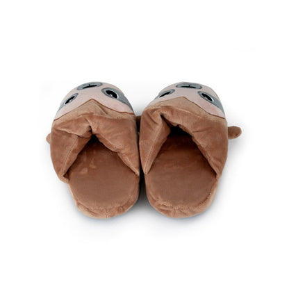 A pair of Speedy the Sloth Kids Slippers in brown, featuring smiling sloth faces with embroidered details and plush comfort, placed side by side on a white background.