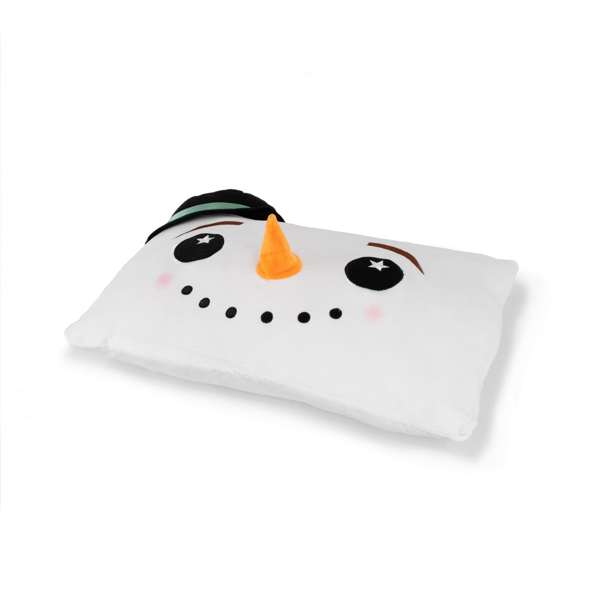 The Jack the Snowman Pillow is a plush rectangular cushion resembling a snowman's face, featuring a black hat, embroidered eyes, rosy cheeks, a carrot-shaped nose, and a smiling mouth made of black dots on a soft white backdrop.