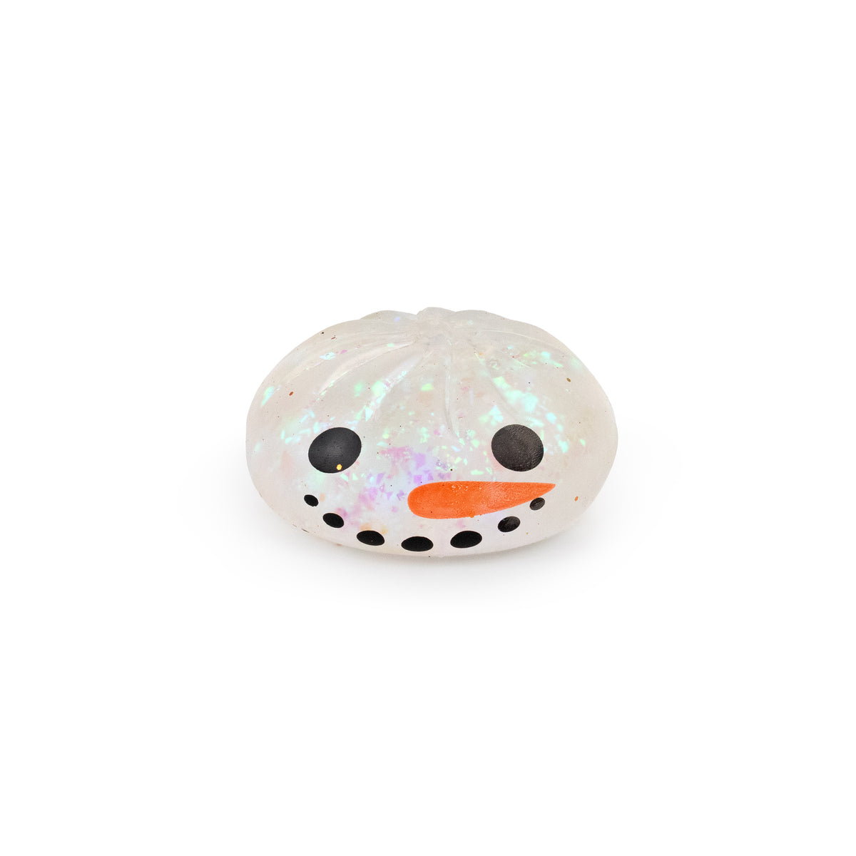 Translucent, iridescent Bubblegum’s Favorite Toy - Holiday Mystery Maltose Dumpling with a printed snowman face, including black eyes, a carrot nose, and a dotted smile.