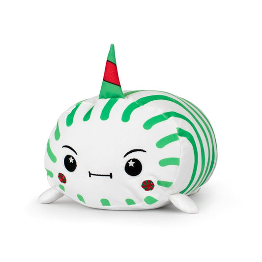 Spearmintie the Narwhal Mint is a round, green-and-white striped plushie with a red and green horn, cute limbs, starry eyes, and peppermint candy cheeks—perfect as a cuddly buddy for all ages.