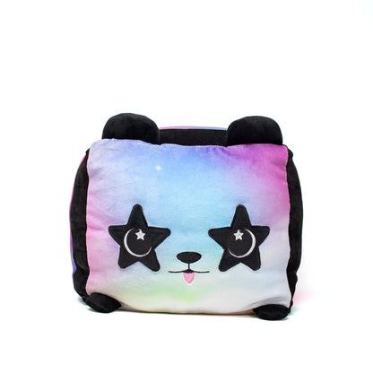 The Stardust Squared Plushie is a cute square pillow with a panda face featuring starry eyes and a tiny tongue. It has black ears and soft fabric with purple, blue, and green gradients against a crisp white background.