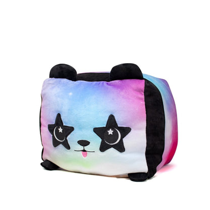 The Stardust Squared Plushie is an adorable, plush square pillow featuring a panda design, with a soft purple, blue, and pink gradient. The panda has black ears, star-shaped eyes with moon details, and a small tongue sticking out.