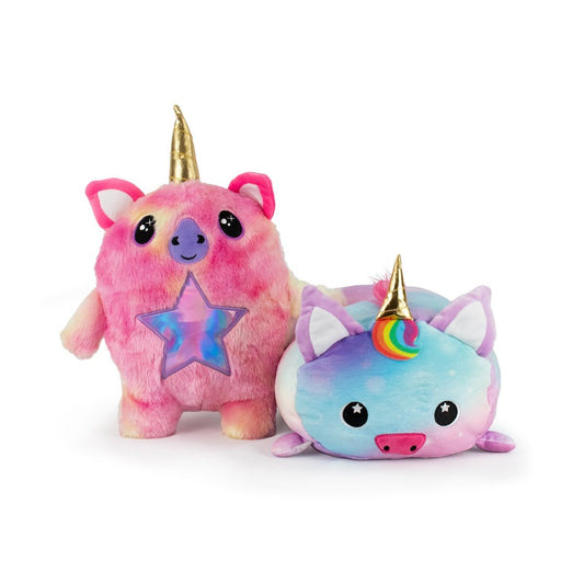 The Daisy and Unicorn Monstah Pair features two ultra-soft, machine washable plushies: a pink unicorn with gold horn, star, and smile, and a blue-purple unicorn with rainbow details and a happy expression.