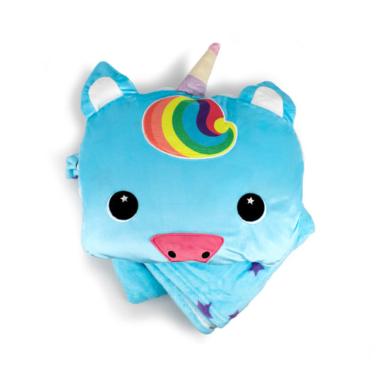 The 2-in-1 Pillow Blanket - Sparkle the Unicorn features a soft, blue unicorn face with a rainbow horn, star eyes, pink snout, and small blue ears. The cozy kids fleece blanket folds beneath the unicorn face for convenient use.