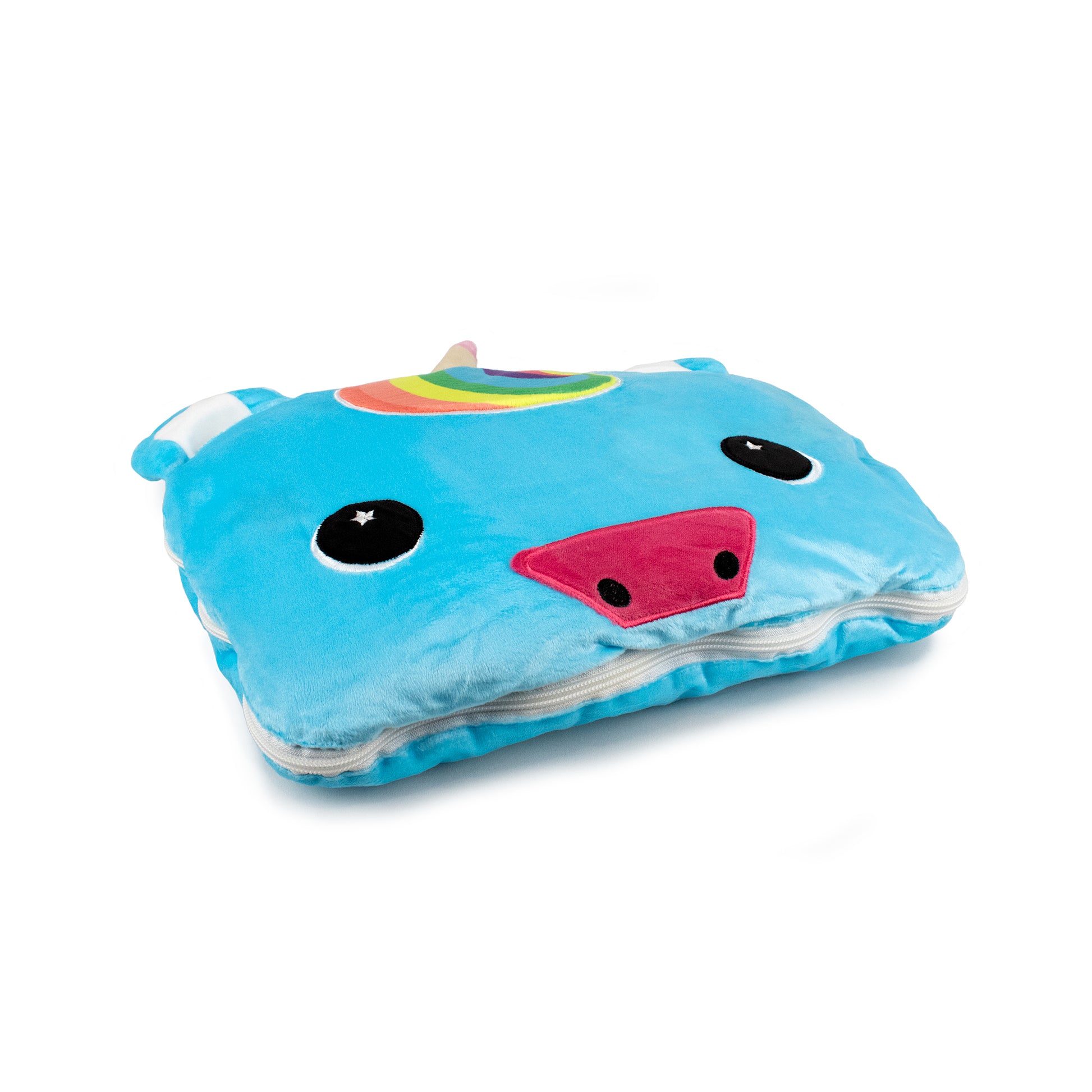 The 2-in-1 Pillow Blanket - Sparkle the Unicorn is a plush, rectangular blue pillow with a cute unicorn face, embroidered eyes, pink nose, ears, rainbow horn, and a zipper along one edge. Shown on a white background.