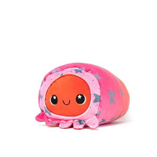 The Handi Andi Slumber Plushie is a soft, round octopus with a bright orange face, wide black eyes, and a pink body decorated with purple stars. Perfect for cuddling, it's machine washable and presented against a plain white background.