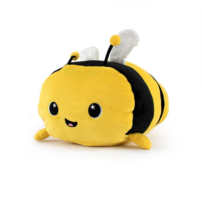 Introducing Vee the Bee Plushie by Moosh-Moosh: a cute, plush bee toy with a round body adorned with yellow and black stripes. It has small wings, antennae, and a happy face that boasts a cheerful smile and sparkling eyes. This adorable and snuggly bee looks soft and huggable, making it perfect for cuddling.