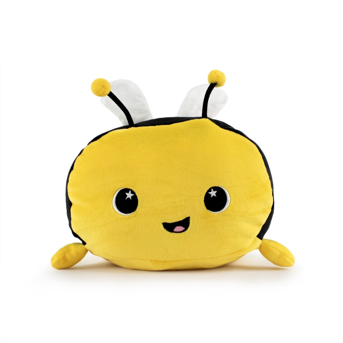 Vee the Bee Plushie by Moosh-Moosh is an adorable and snuggly round, yellow bee with black stripes. It features big sparkling eyes, a smiling mouth, and two small black antennae with white tips. The soft and squishy animal pillow is positioned against a plain white background.