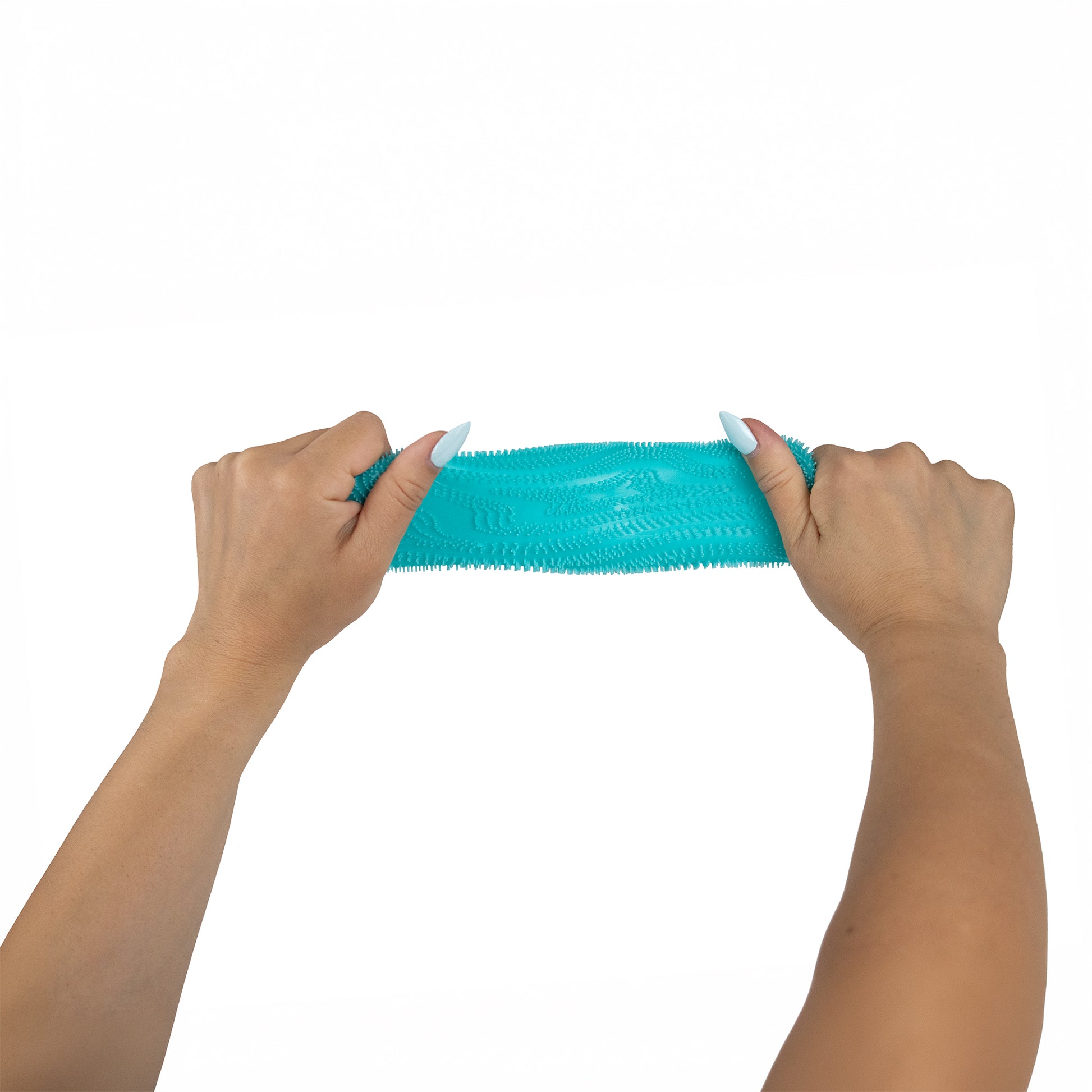 Two hands with manicured nails stretch the Bubblegum’s Favorite Toy - Maltose Vibe Ball, a textured blue flexible object, against a plain white background.