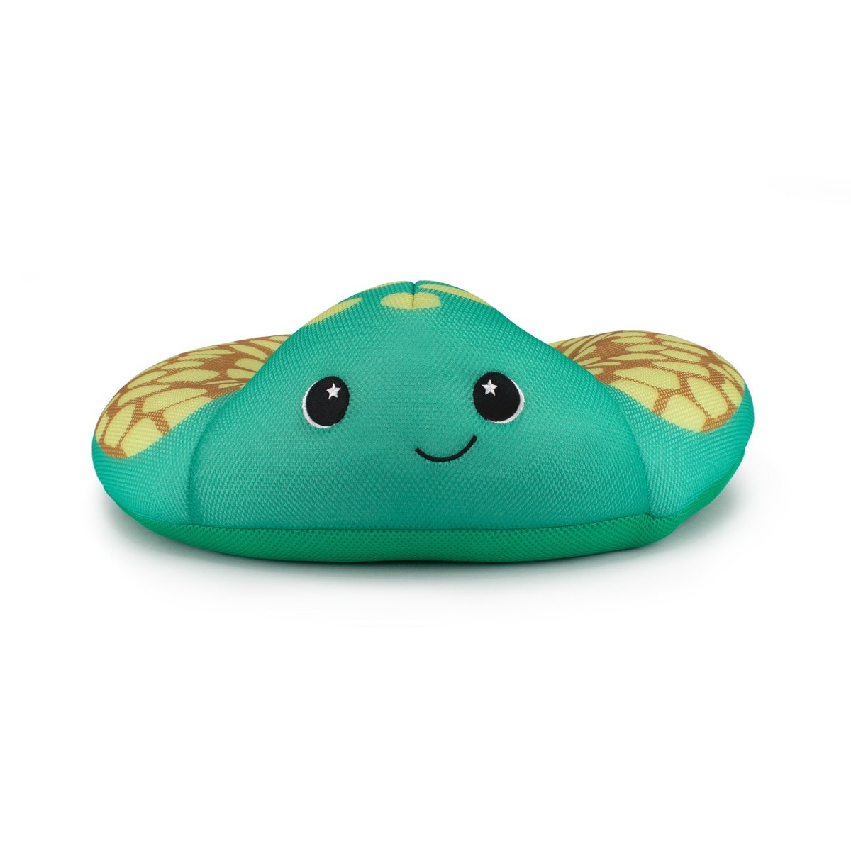 The Xavi Crescent 23" Aqua Plush is a green stingray plush toy with yellow patterned wings and starry eyes. Quick drying and water-friendly, it’s perfect for pool or bath fun. Displayed on a white background.