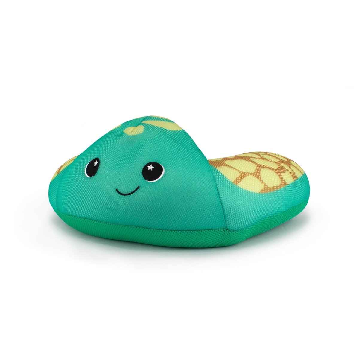 The Xavi Crescent 23" Aqua Plush is a water-friendly green sea turtle with a smiling face, starry black eyes, and yellow patterned flippers—ideal as a pool bath toy for splashy fun.