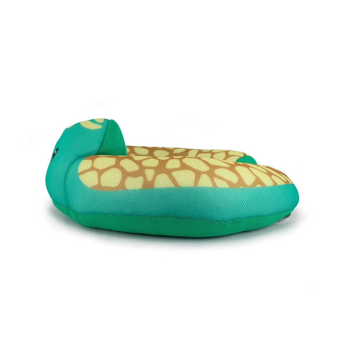 The Xavi Crescent 23" Aqua Plush is a green and yellow turtle-shaped cushion with a patterned shell, quick-drying and water-friendly—perfect for pool or bath time—shown from the side against a white background.