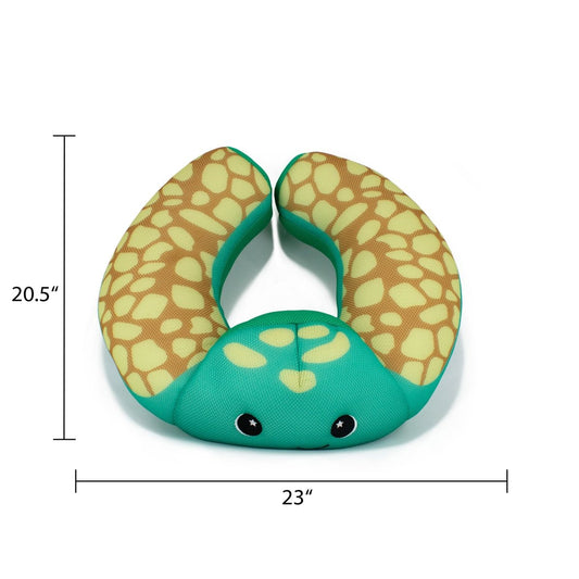 The Xavi Crescent 23" Aqua Plush is a green U-shaped neck pillow with yellow spots, black eyes, and a cute turtle design. Made from quick-drying plush material, it’s water-friendly and perfect for pool or bath use. Measures 20.5"H x 23"W.