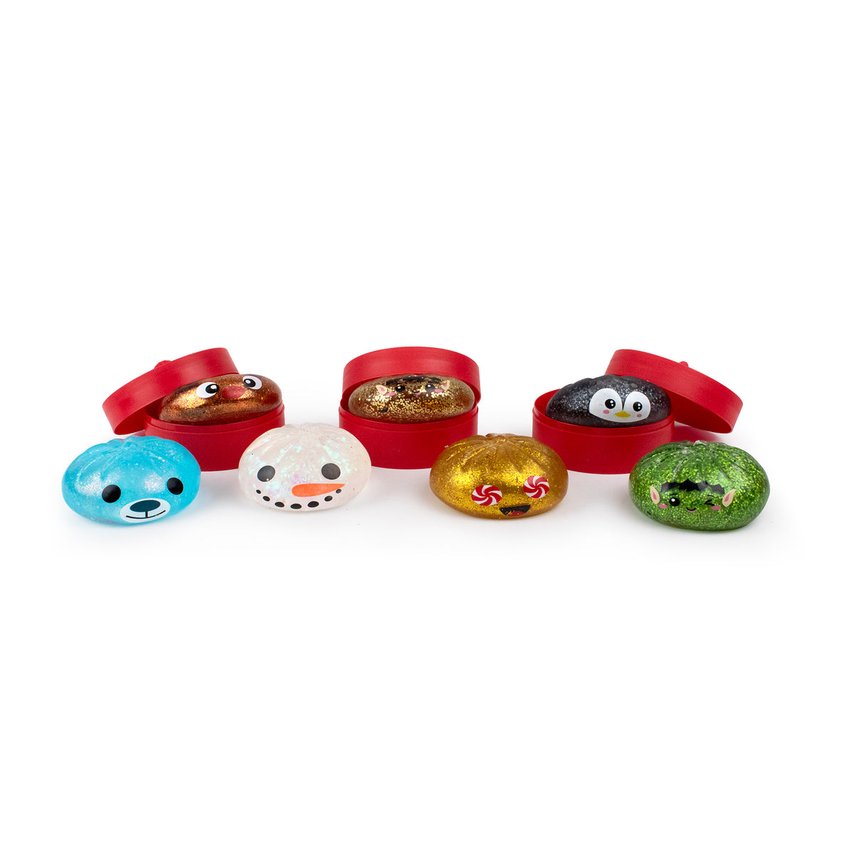 Seven small, glittery Bubblegum’s Favorite Toy - Holiday Mystery Maltose Dumplings arranged in a row, with three sitting inside small red containers.