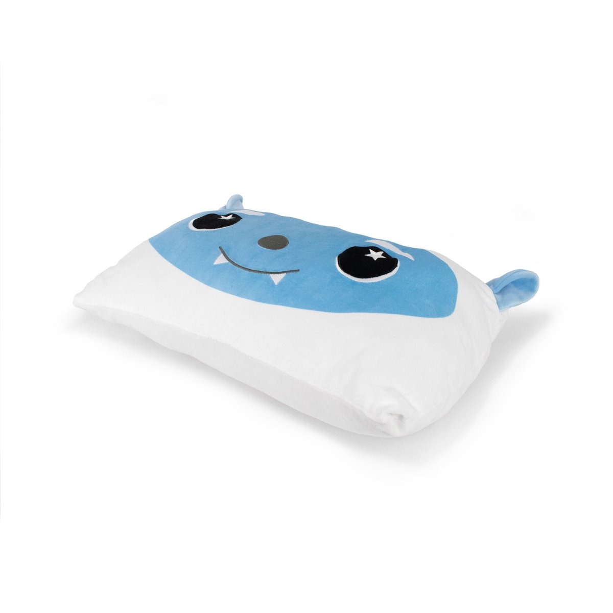 Artie the Yeti Pillow is a rectangular cushion with a blue and white cover, cute cartoon face, wide eyes, small fangs, and blue ears—perfect for cozying up with your holiday decor.