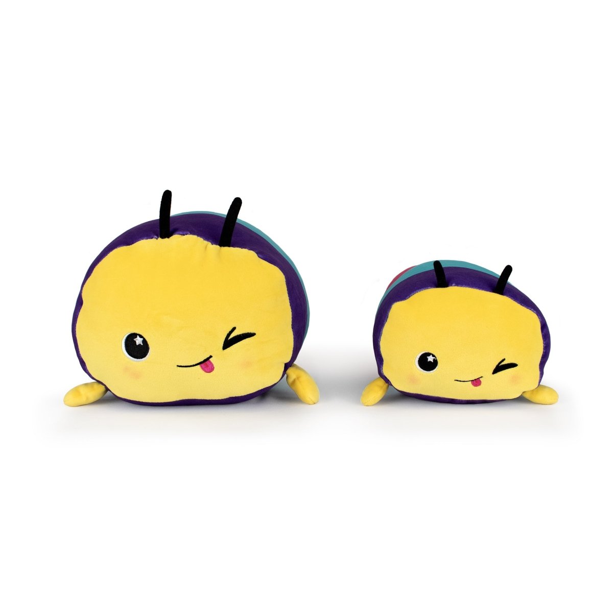 Two round, yellow Zoid the Caterpillar plush toys with purple edges, black antennae, and winking smiles sit side by side on a white background. One is larger than the other, perfect for cozy snuggles.