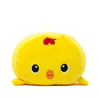 Meet Carl the Baby Chicken Plushie: a round, yellow plush with black starry eyes, an orange beak, and a small red heart on its head—perfect for cozy cuddles!.