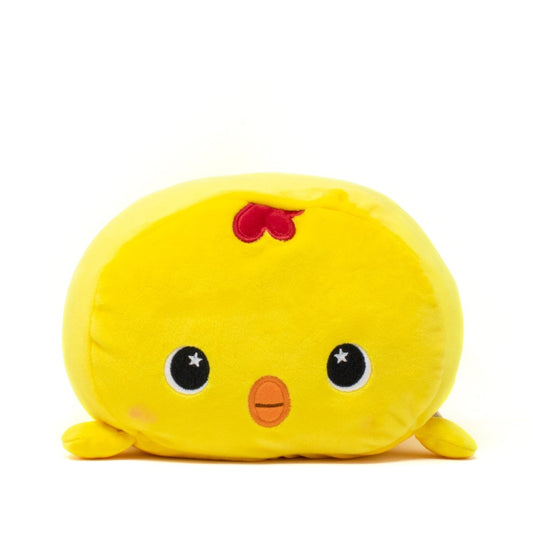 Meet Carl the Baby Chicken Plushie: a round, yellow plush with black starry eyes, an orange beak, and a small red heart on its head—perfect for cozy cuddles!.