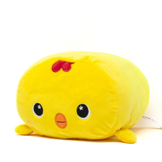 Meet Carl the Baby Chicken Plushie, an adorable yellow chick plush with small wings, an orange beak, big eyes, and a red tuft on top. Ideal for cozy cuddles, it rests invitingly on a white surface.