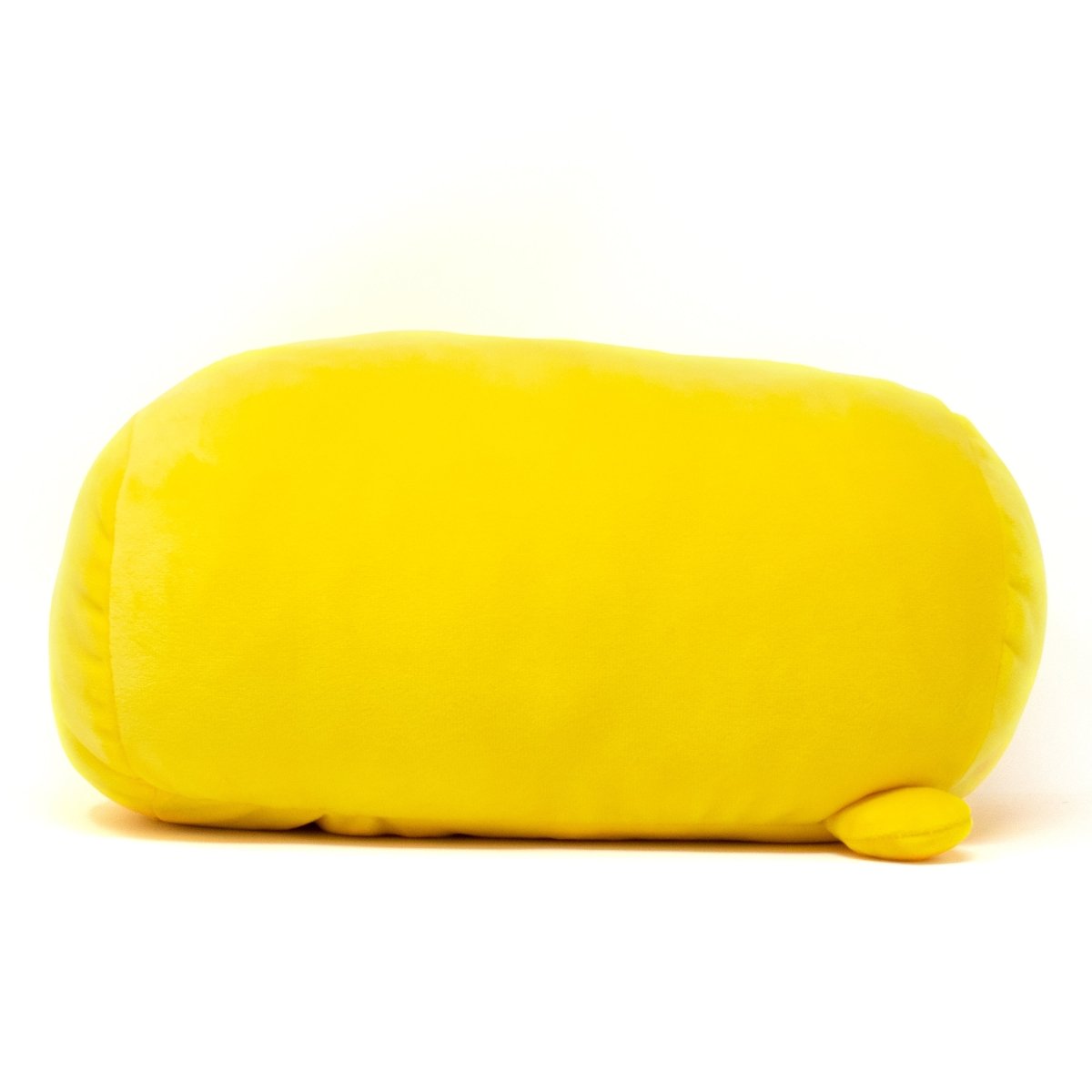 The plush toy, Carl the Baby Chicken Plushie, is long and oval-shaped like a yellow blob. It offers cozy cuddles with its smooth texture and features a small, flat extension resembling a foot or tail at the bottom right. Set against a plain white background, it's truly adorable.