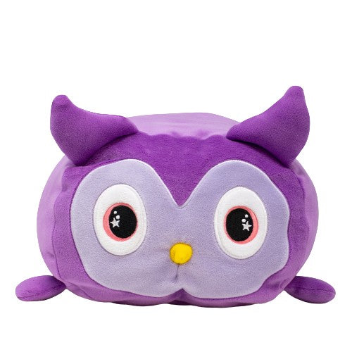 Purple owl stuffed animal with stars in eyes and short yellow beak.