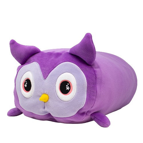 Purple owl stuffed animal with stars in eyes and short yellow beak.
